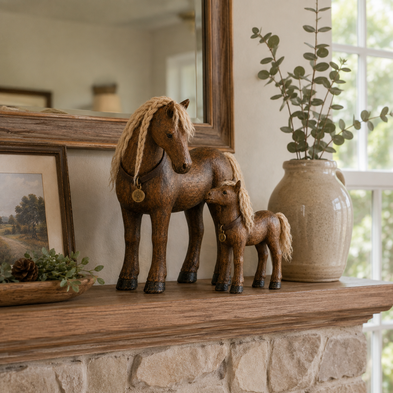 Vintage Mother & Foal Solid Wood Horse Figurine-HandPrint