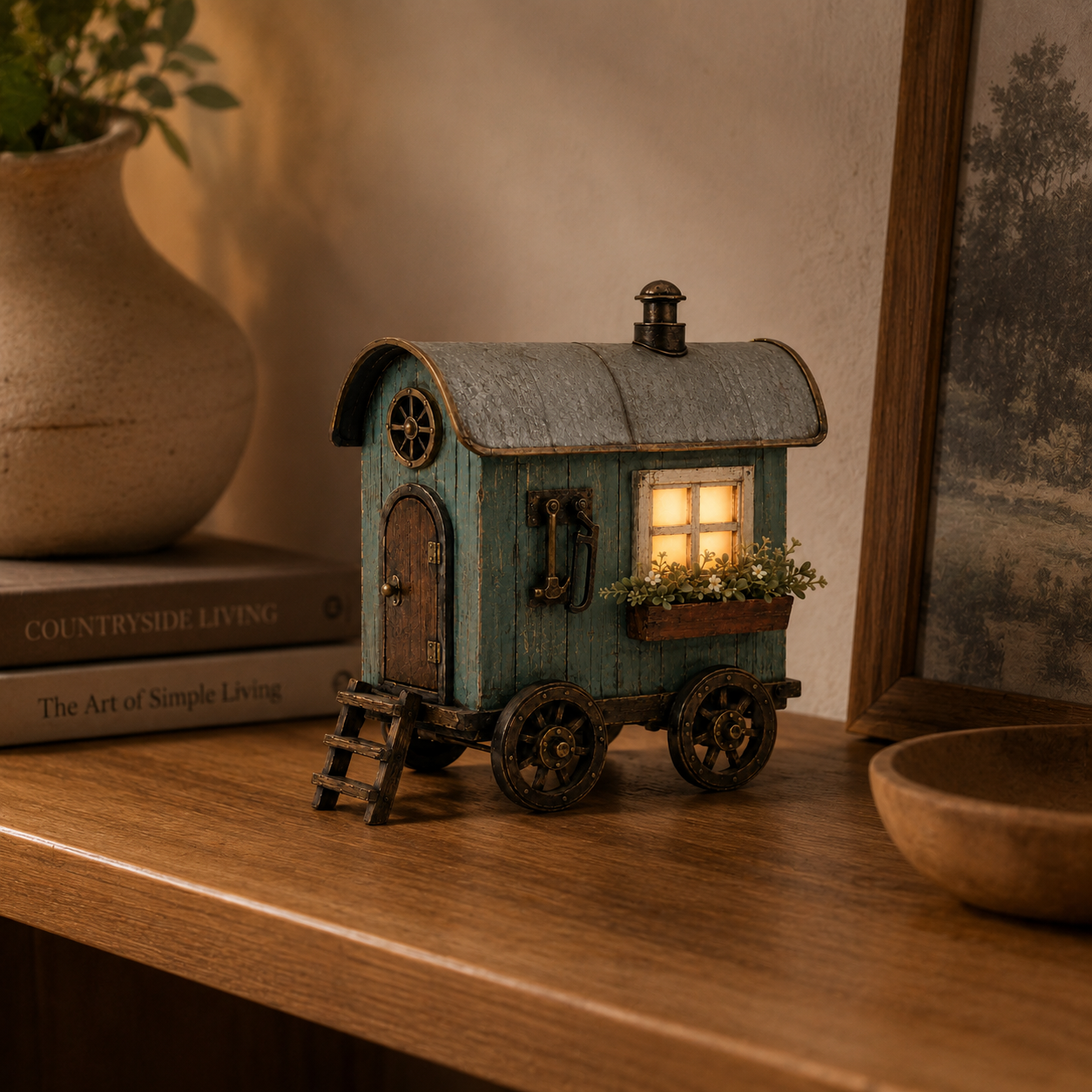 The Wandering Cottage – Lighted Solid Wood Vintage Traveling Cottage Decor-HandPrint