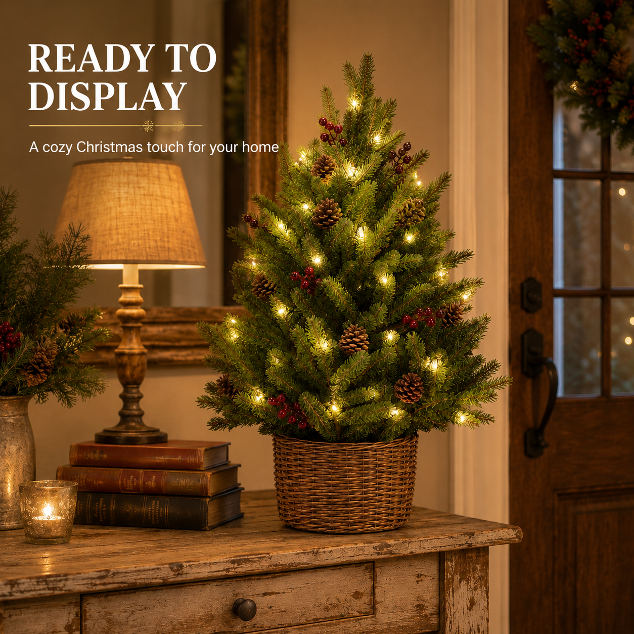 24-Inch Pre-Lit Christmas Tree with Woven Basket-HandPrint