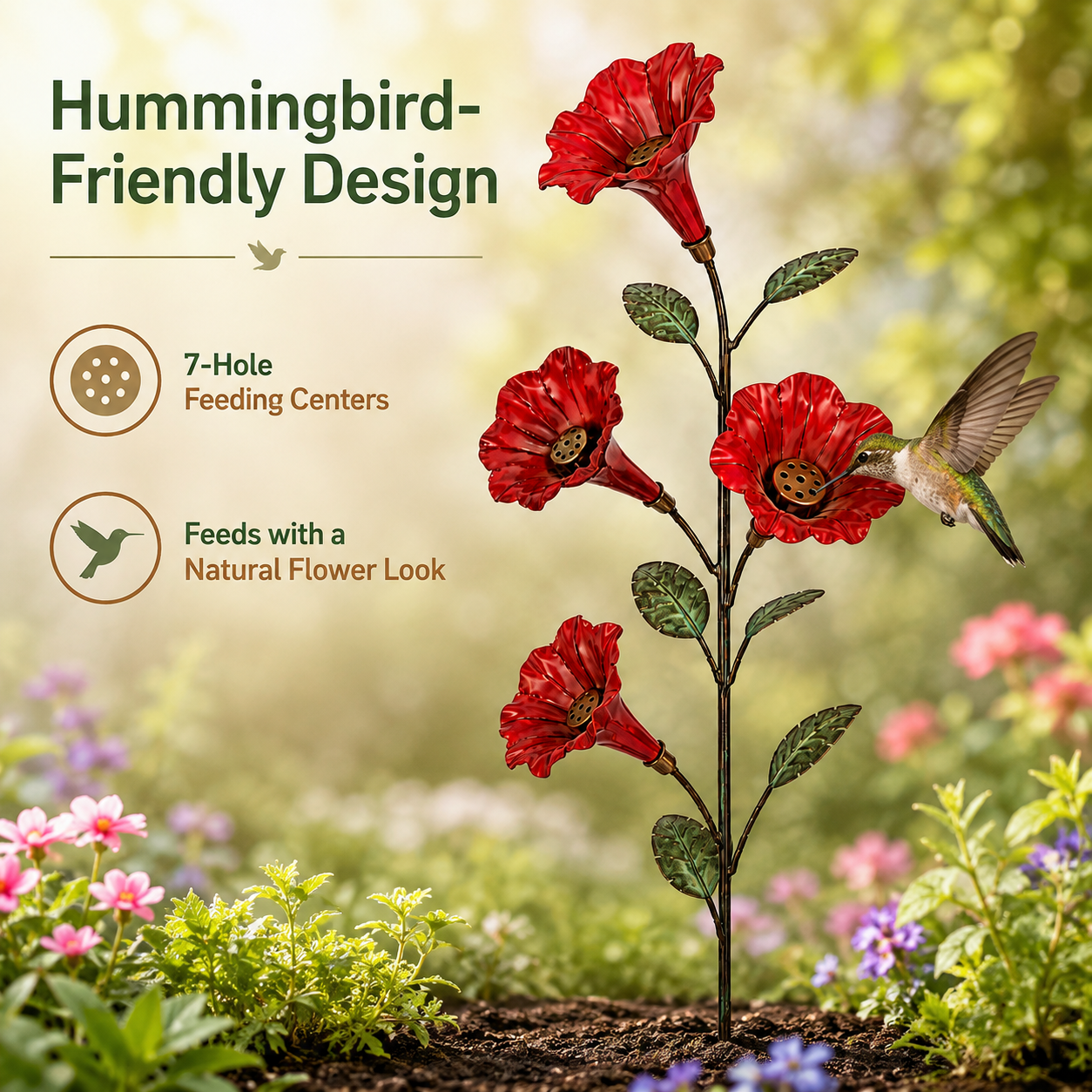 Vintage Red Flower Hummingbird Feeder Garden Stake-HandPrint