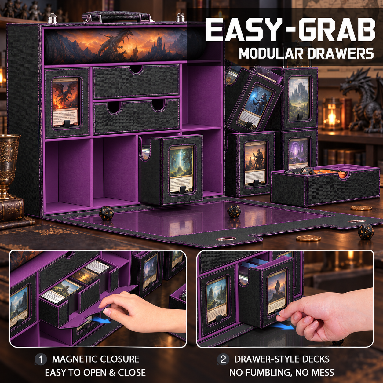 Modular 9-in-1 TCG Deck Box – Holds 6 Decks with Dice Tray, Magnetic Cases, Sleeves & Playmat-HandPrint