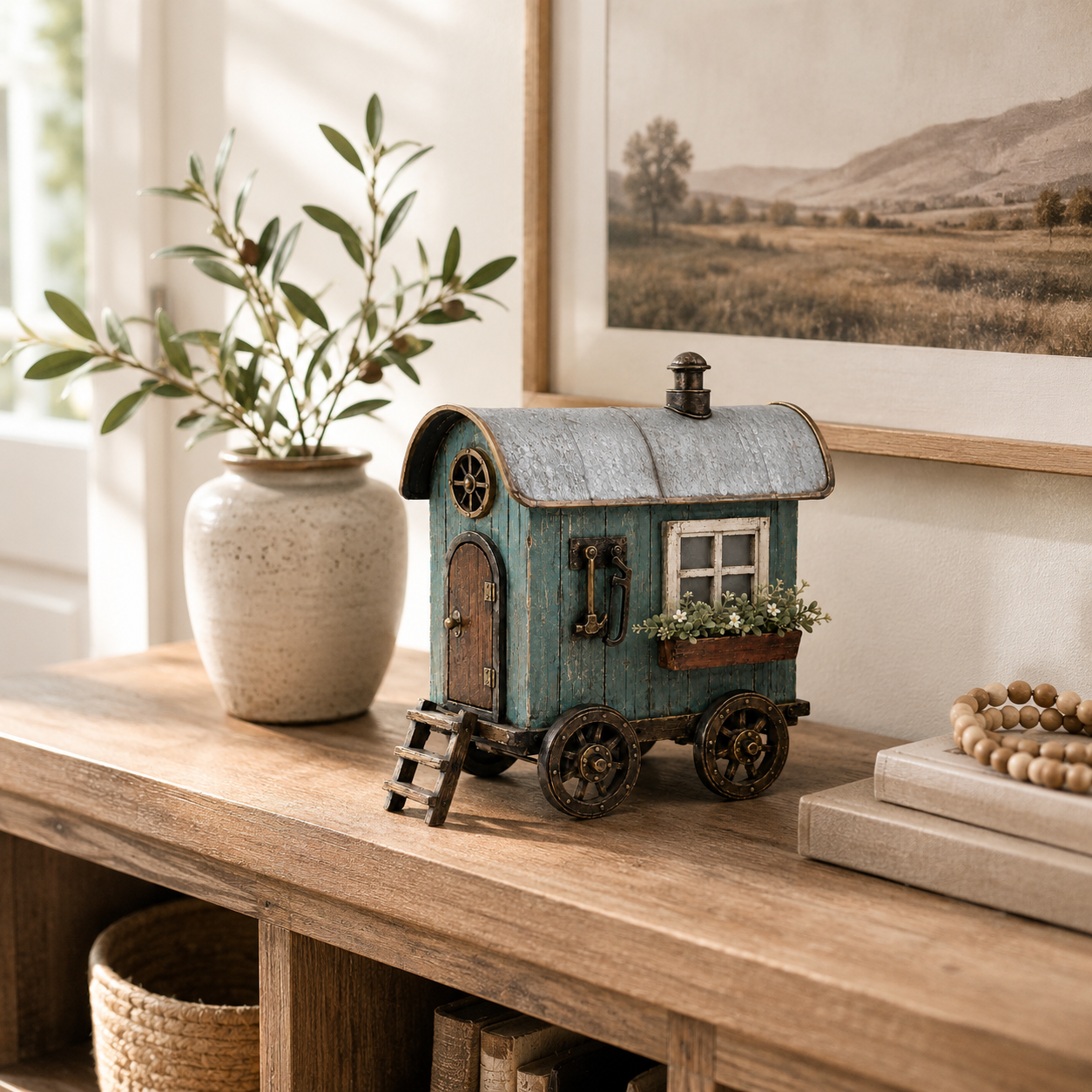 The Wandering Cottage – Lighted Solid Wood Vintage Traveling Cottage Decor-HandPrint