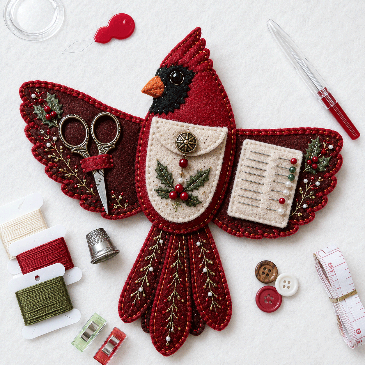 🐦 Bird-Shaped Felt Sewing Organizer DIY Kit - Cardinal-HandPrint