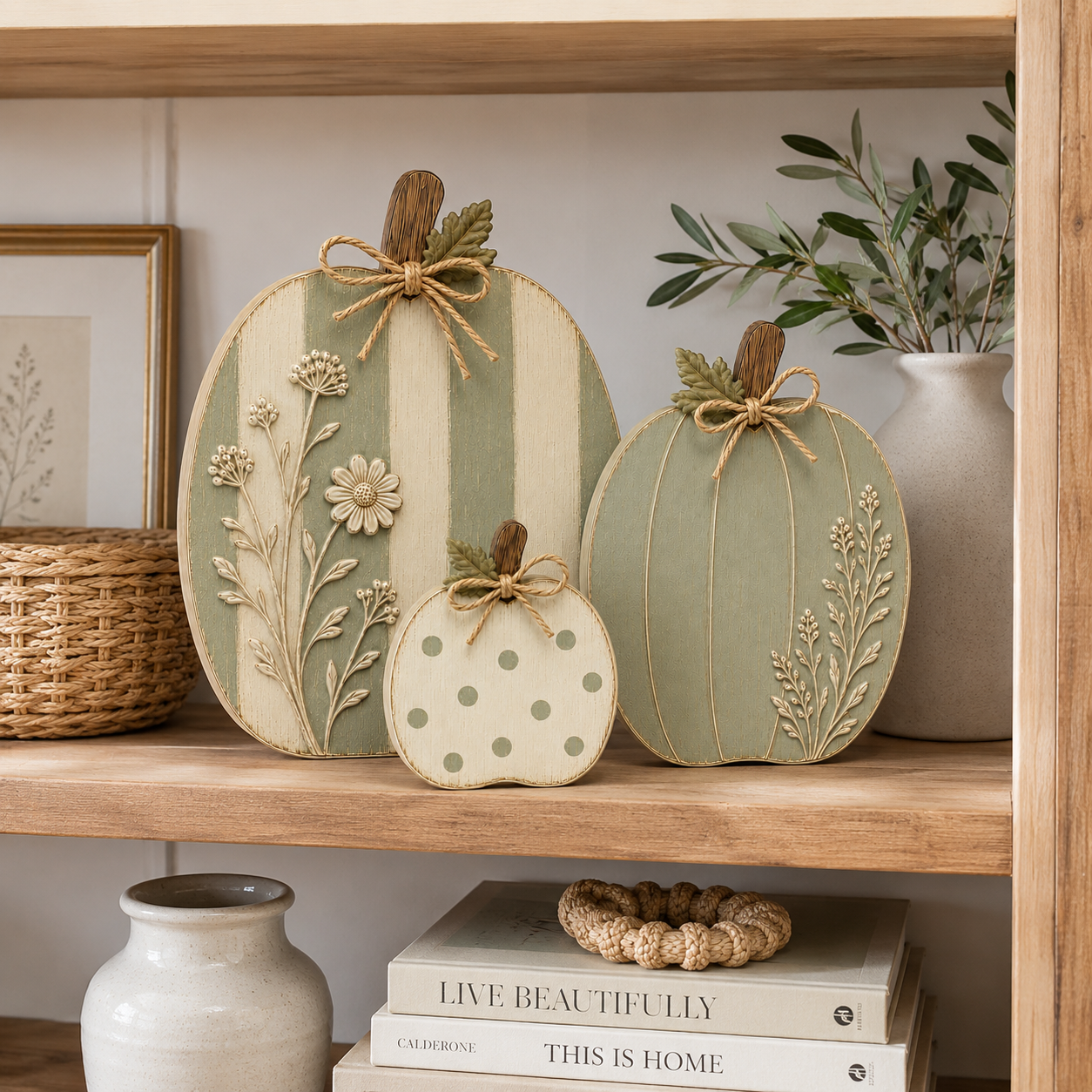 Sage & Cream Raised Wildflower Solid Wood Pumpkin Trio-HandPrint