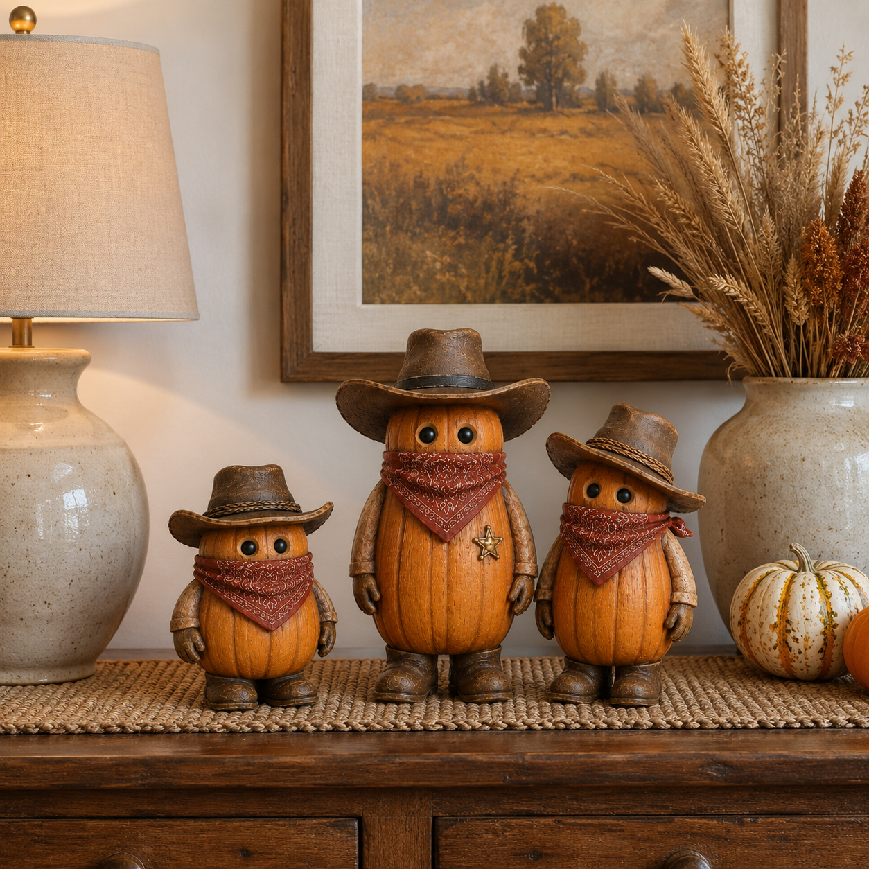 The Pumpkin Posse – Vintage Western Pumpkin Cowboy Figurines, Set of 3-HandPrint