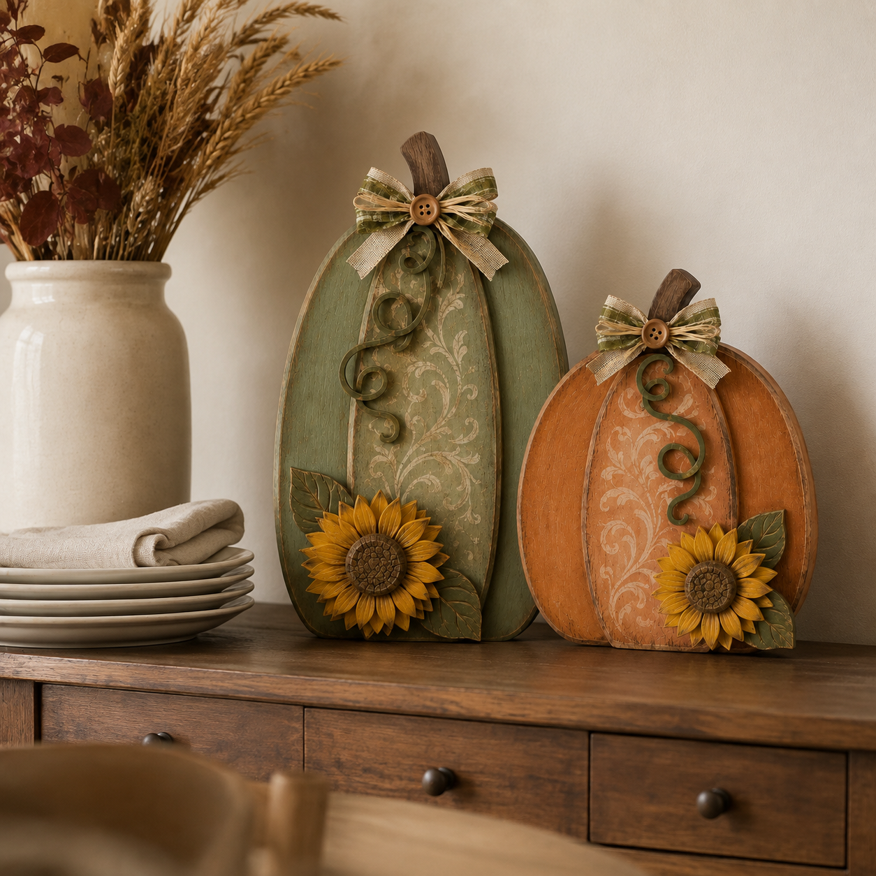 Harvest in Bloom – Solid Wood Pumpkin Pair-HandPrint