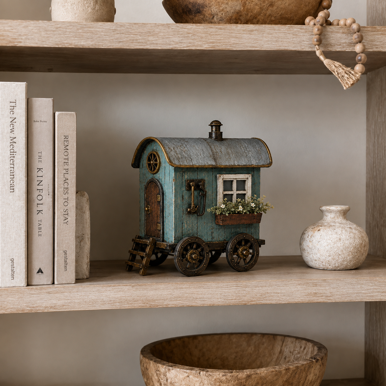 The Wandering Cottage – Lighted Solid Wood Vintage Traveling Cottage Decor-HandPrint
