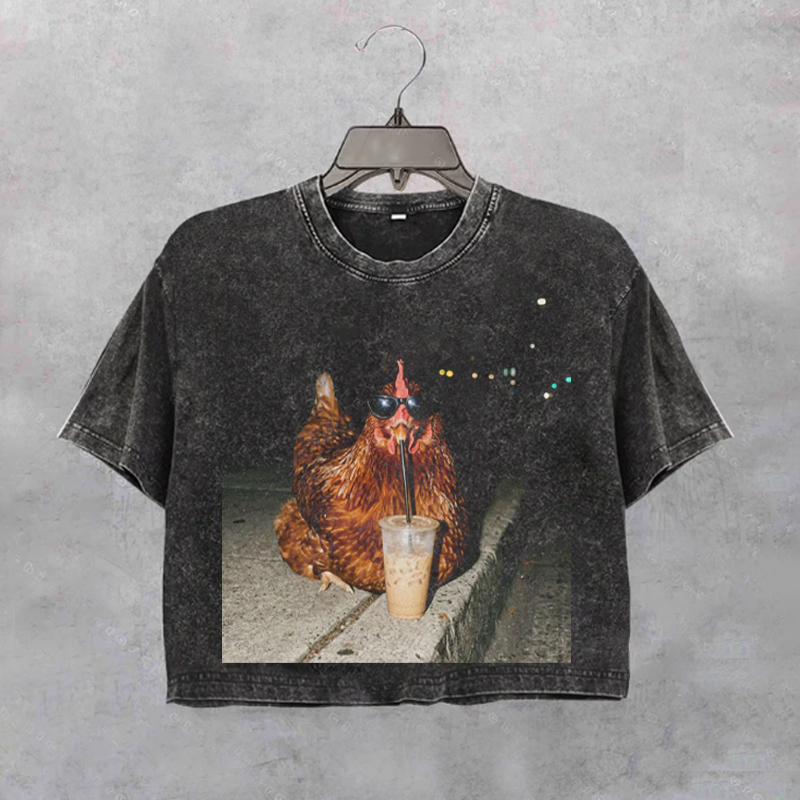 Chicken Drinking Iced Coffee Cropped T-shirt-NaturexCraft