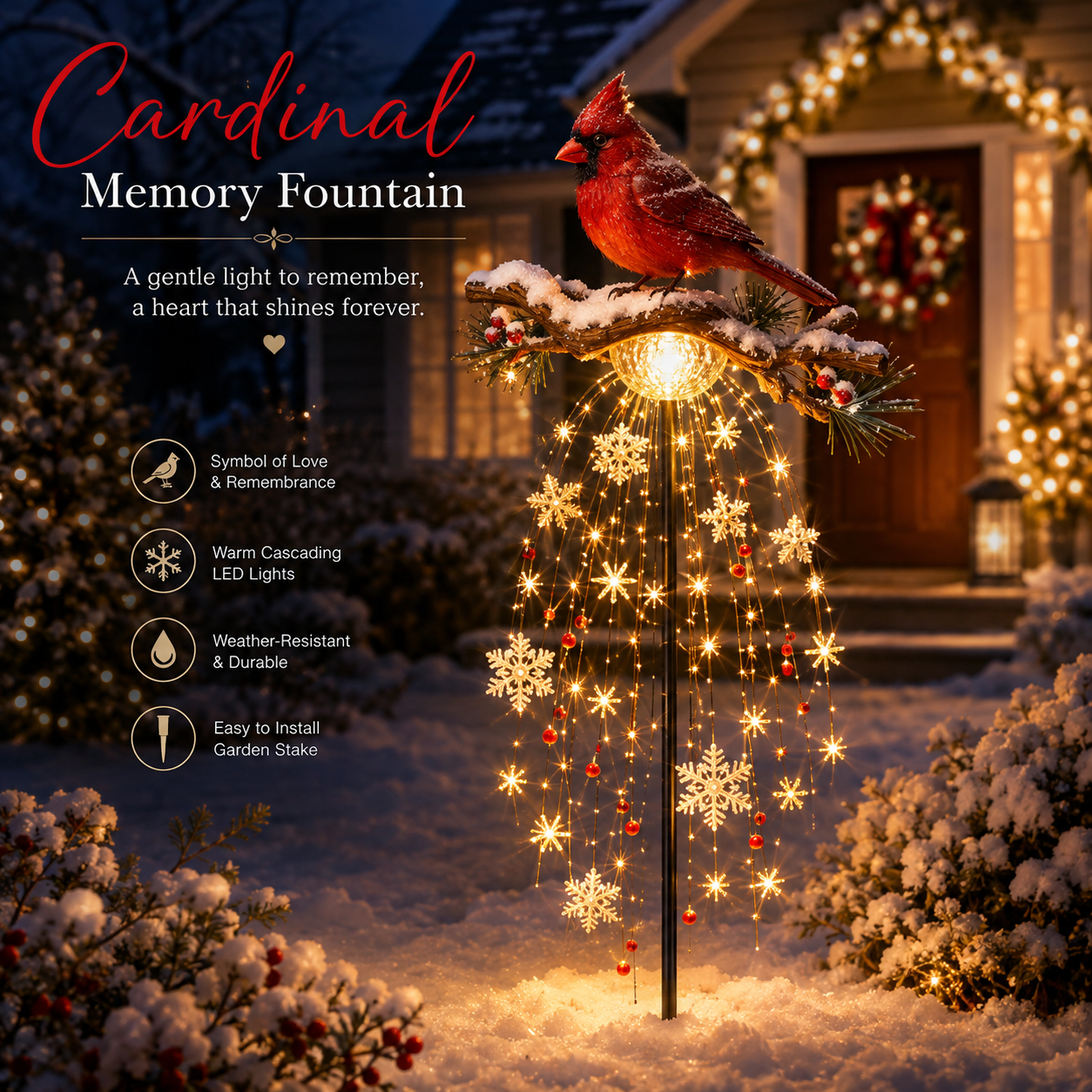 🌲✨ Cardinal Memory Fountain ✨– Lighted Christmas Remembrance Garden Decor❄️-HandPrint