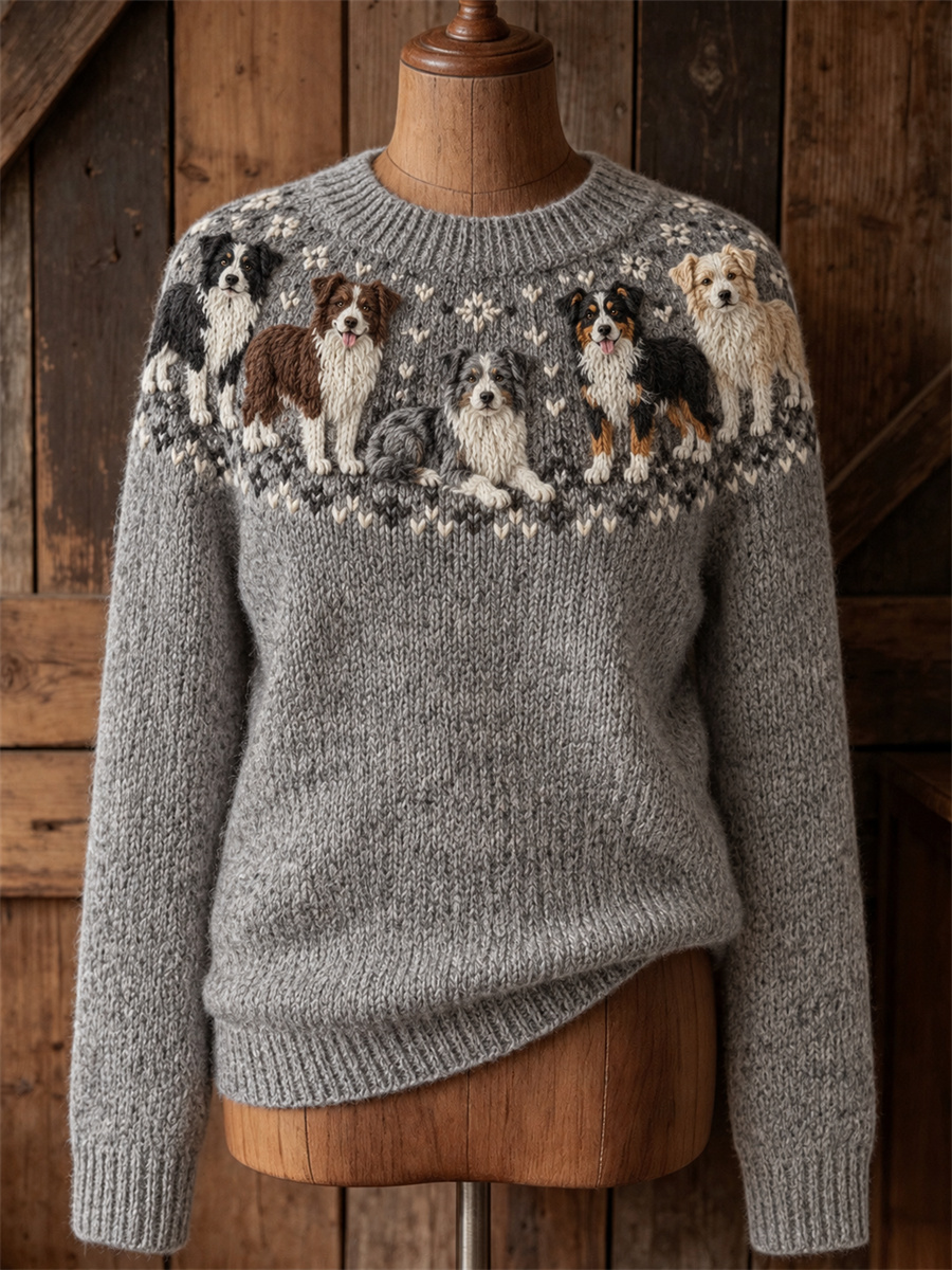 Women's Vintage Border Collie Dogs Yoke Isle Print crew neck sweater-HandPrint