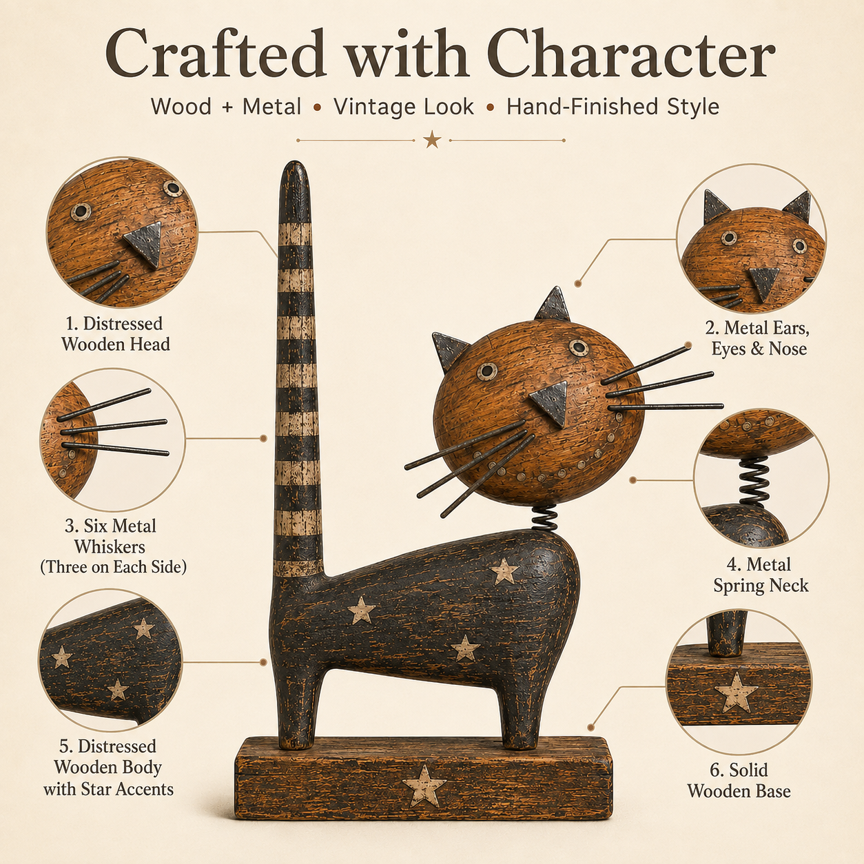 Vintage Primitive Wooden Cat with Metal Accents-HandPrint