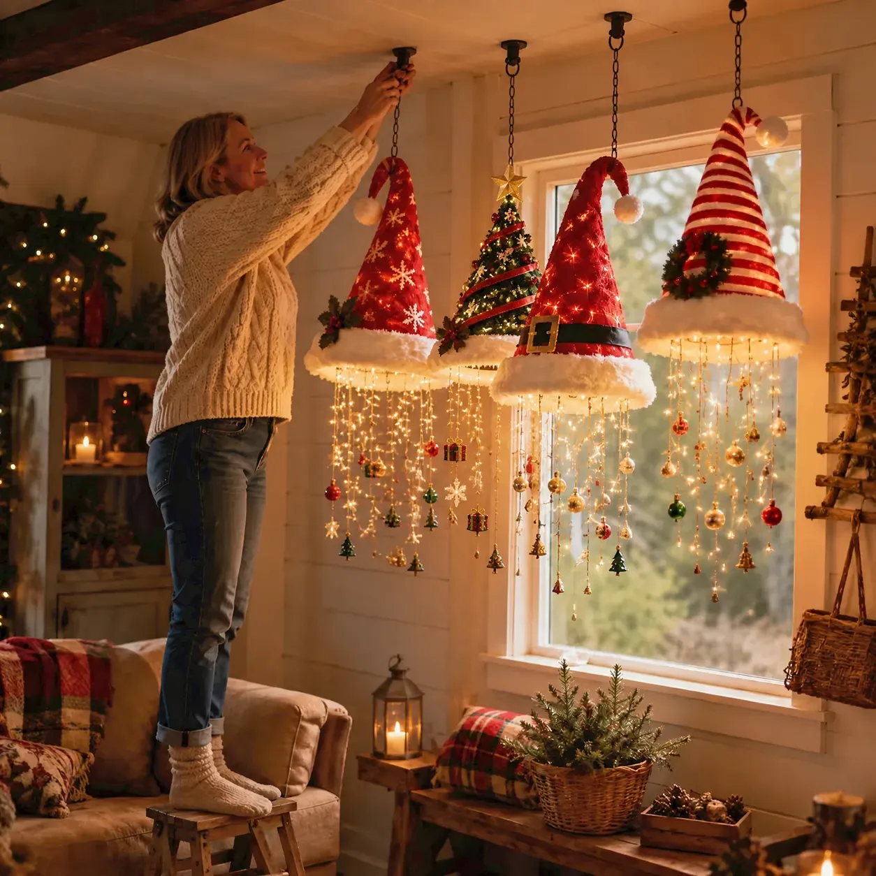 🎅 Beleuchteter Hänge-Kronleuchter in Form einer Weihnachtsmannmütze 🎄-HandPrint