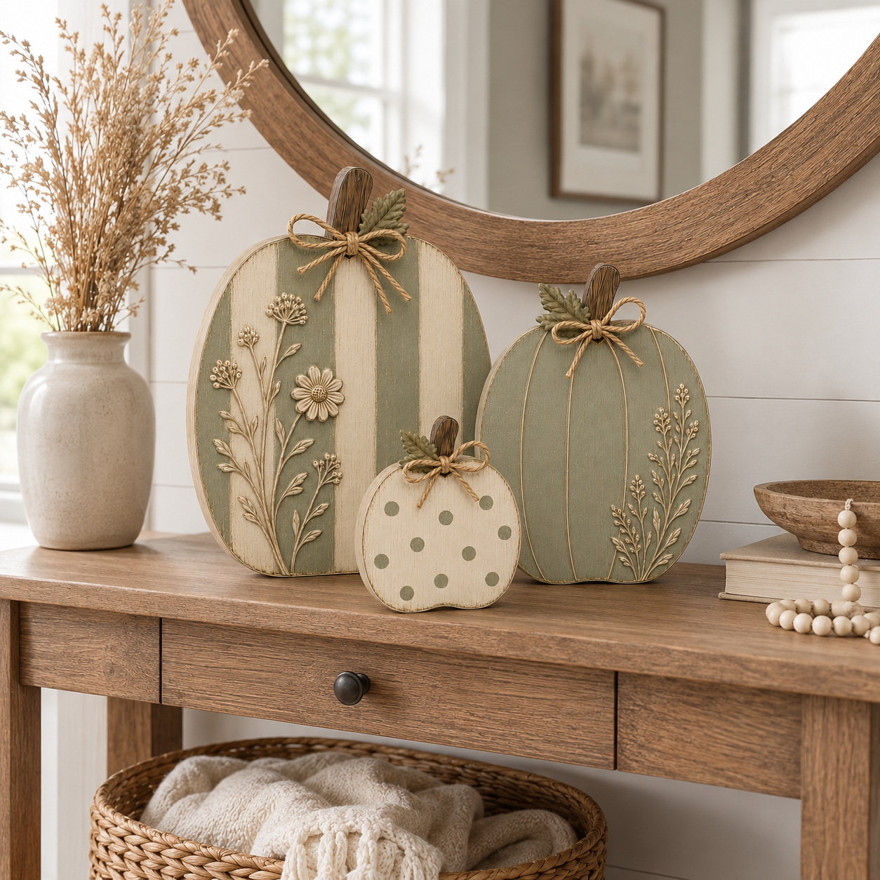 Sage & Cream Raised Wildflower Solid Wood Pumpkin Trio-HandPrint