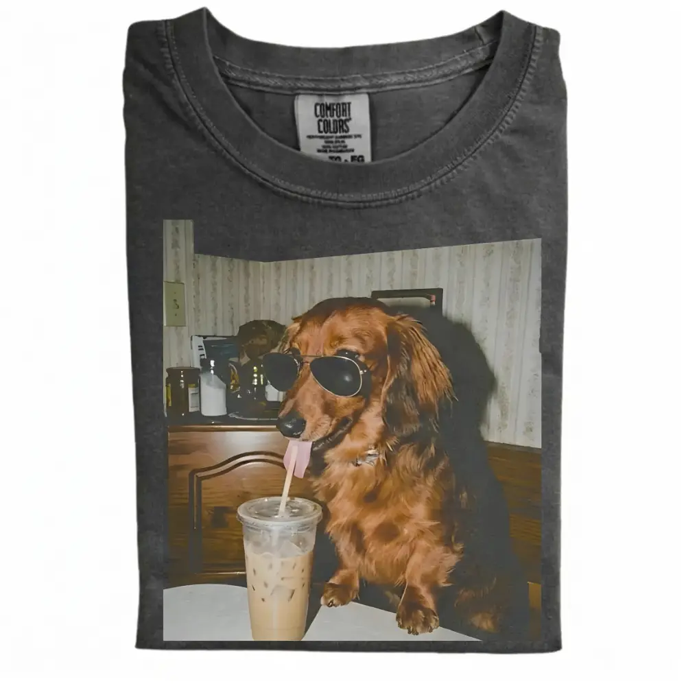 Dachshund Drinking Iced Coffee T-shirt-NaturexCraft