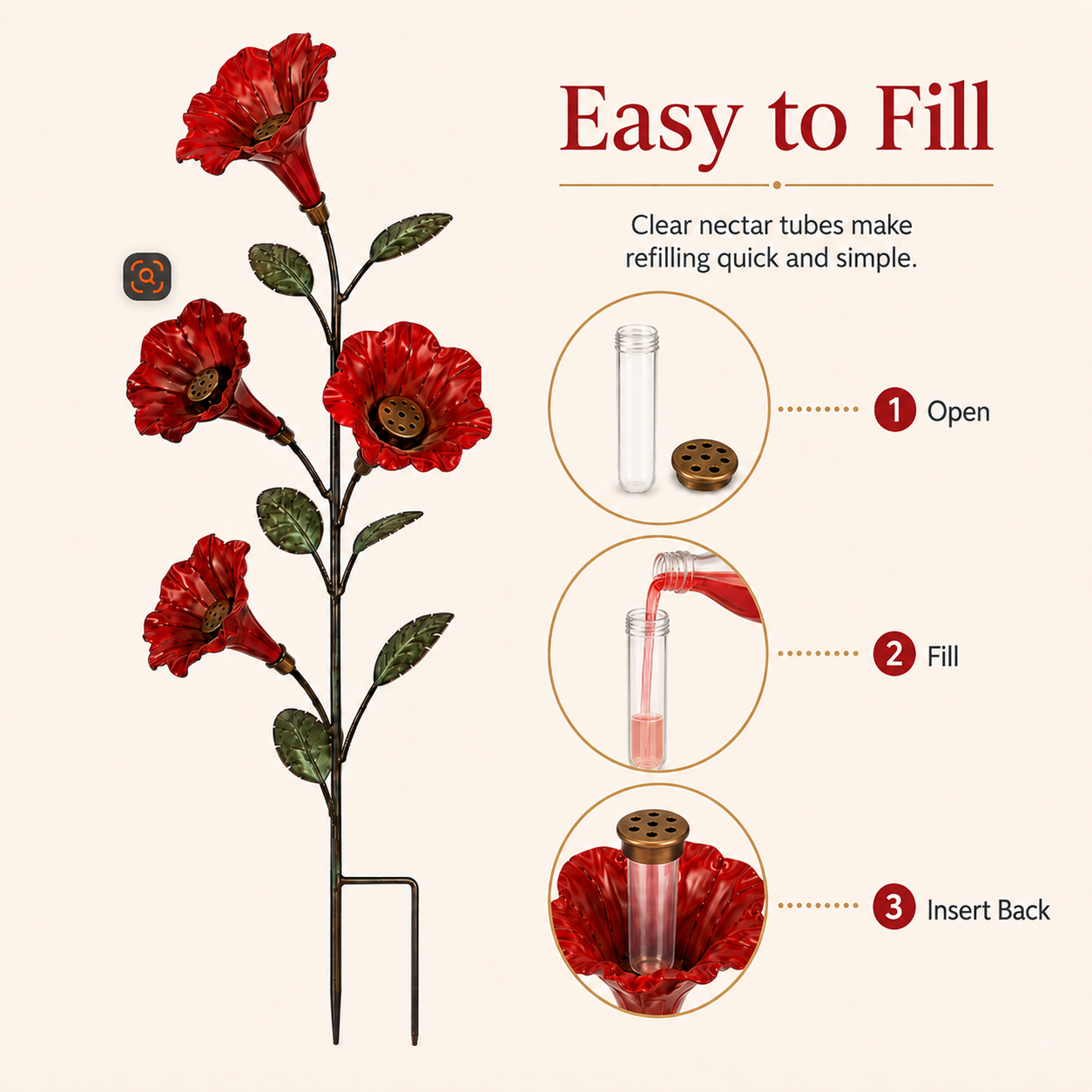 Vintage Red Flower Hummingbird Feeder Garden Stake-HandPrint