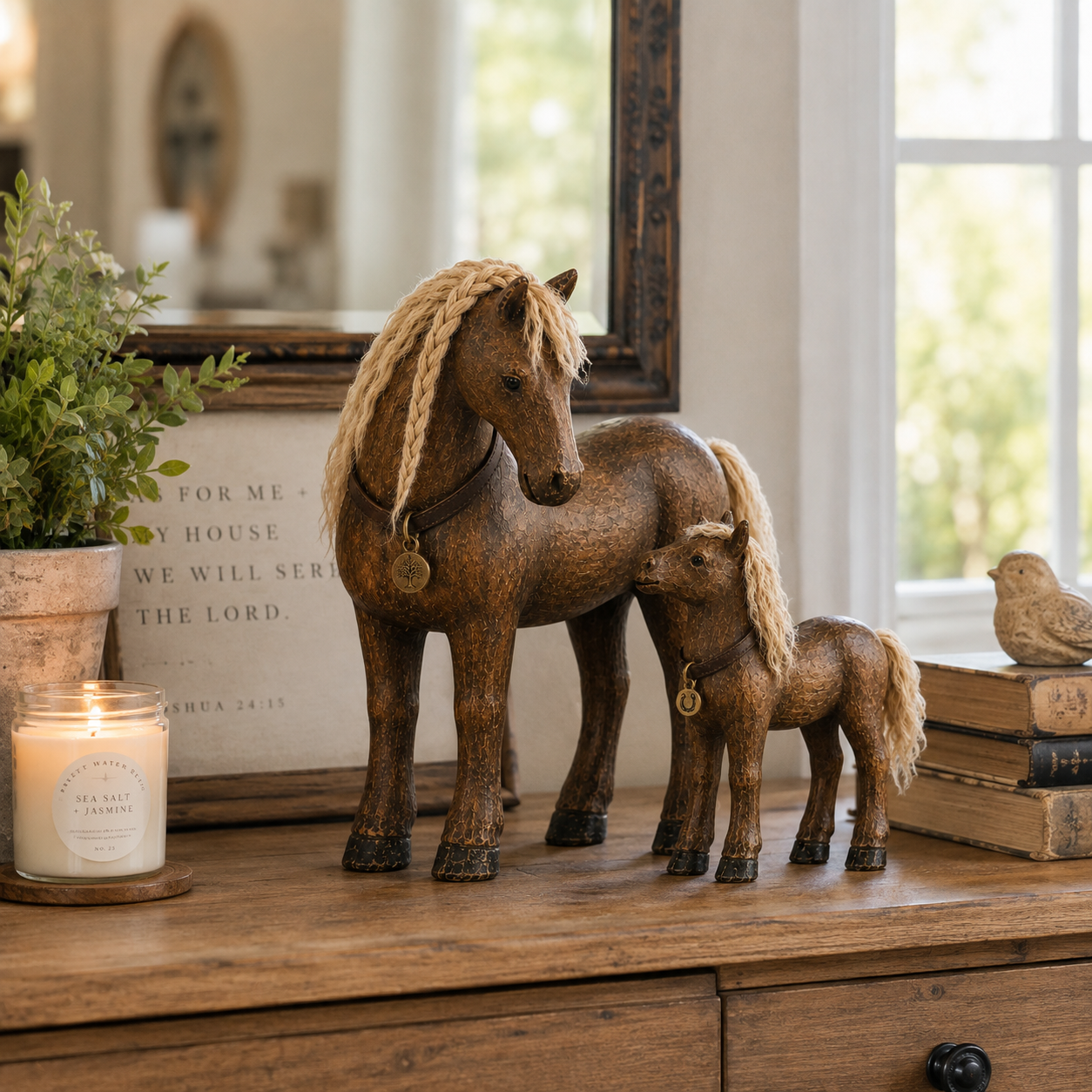 Vintage Mother & Foal Solid Wood Horse Figurine-HandPrint