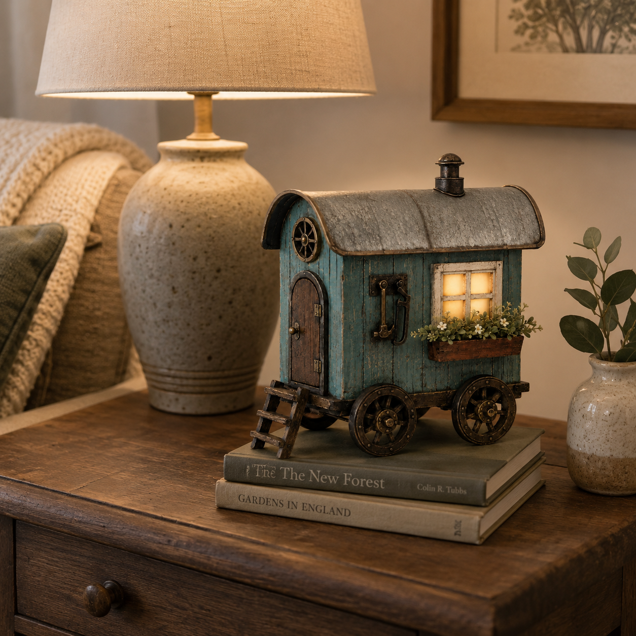The Wandering Cottage – Lighted Solid Wood Vintage Traveling Cottage Decor-HandPrint
