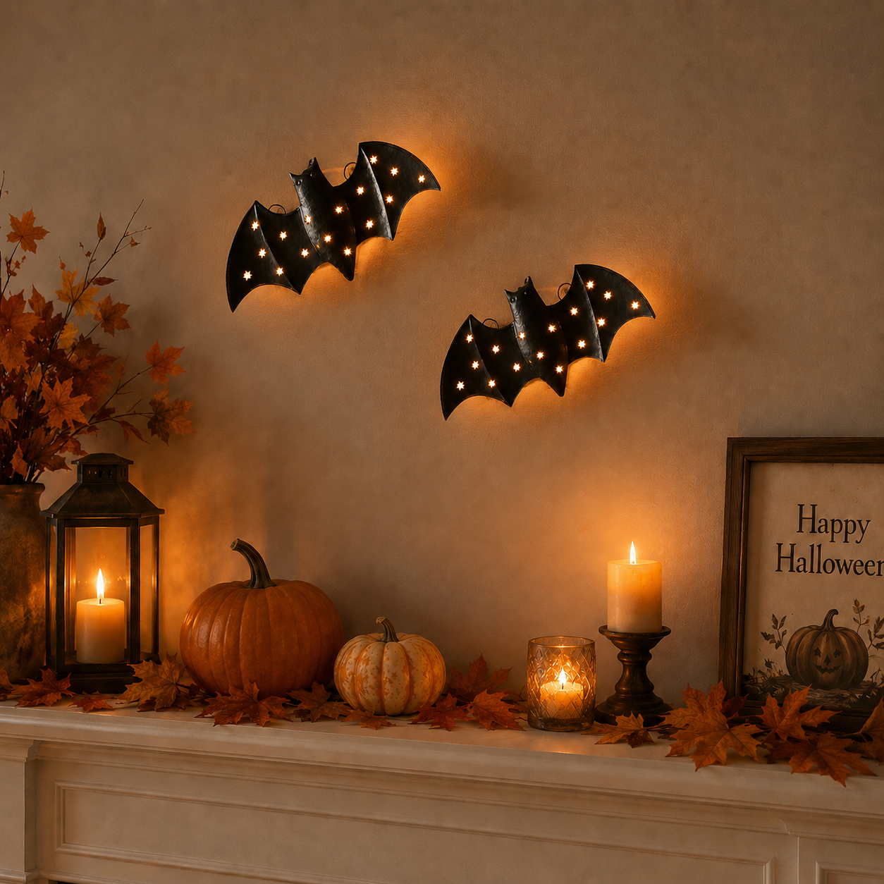 1pcs / Lighted Metal Bat Wall Decor -- 7.9 x 3.9 in Black Iron Bat Wall Hanging with Warm LED Glow-HandPrint