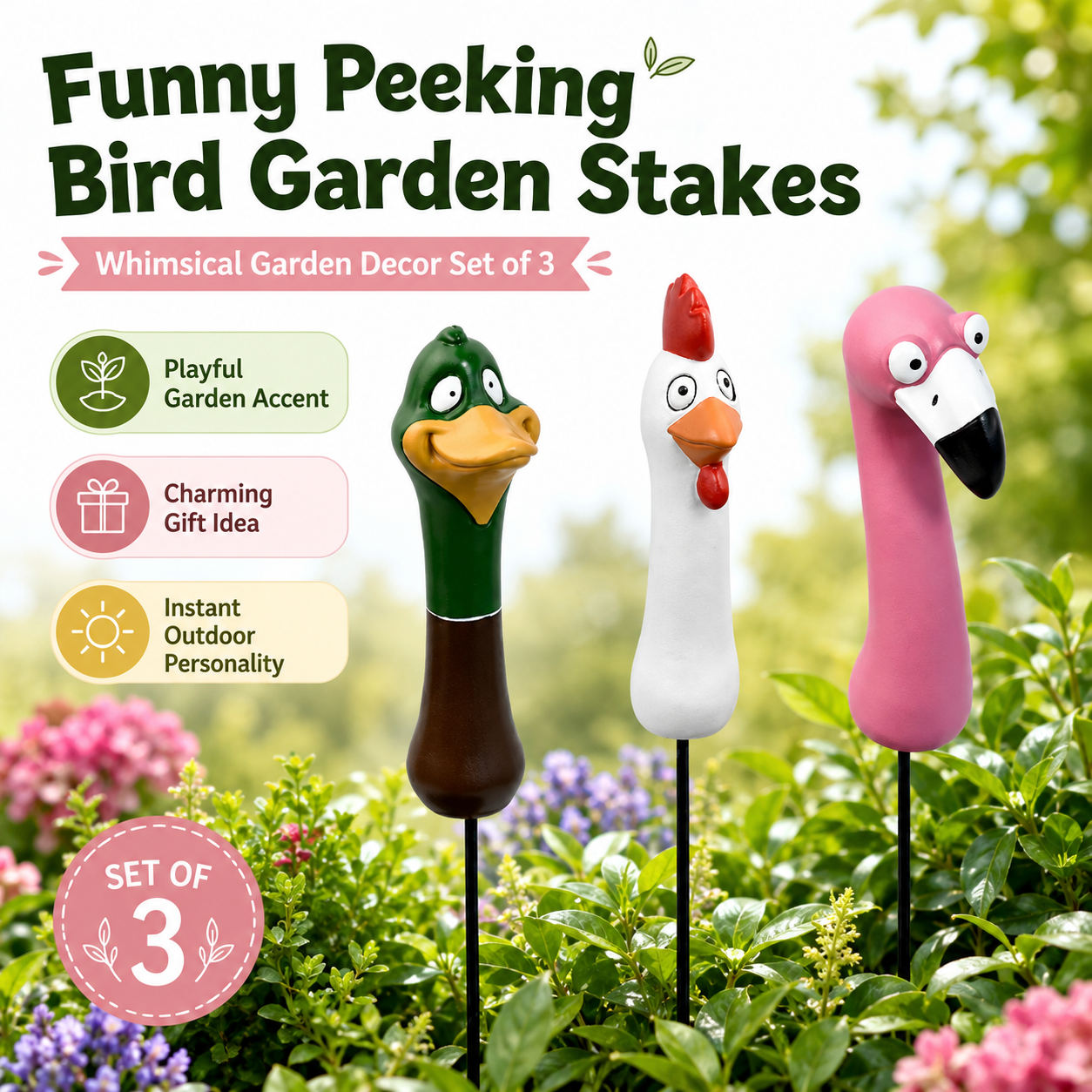 🌿 Funny Peeking Bird Garden Stakes – 3-Piece Whimsical Yard Decor-HandPrint