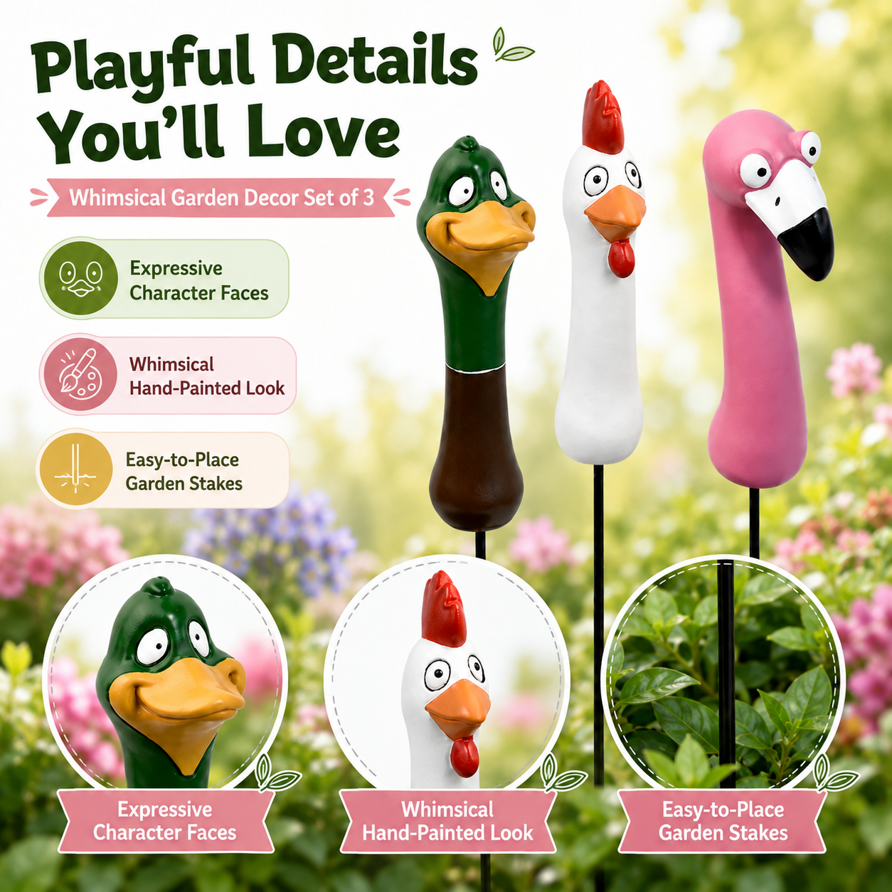 🌿 Funny Peeking Bird Garden Stakes – 3-Piece Whimsical Yard Decor-HandPrint