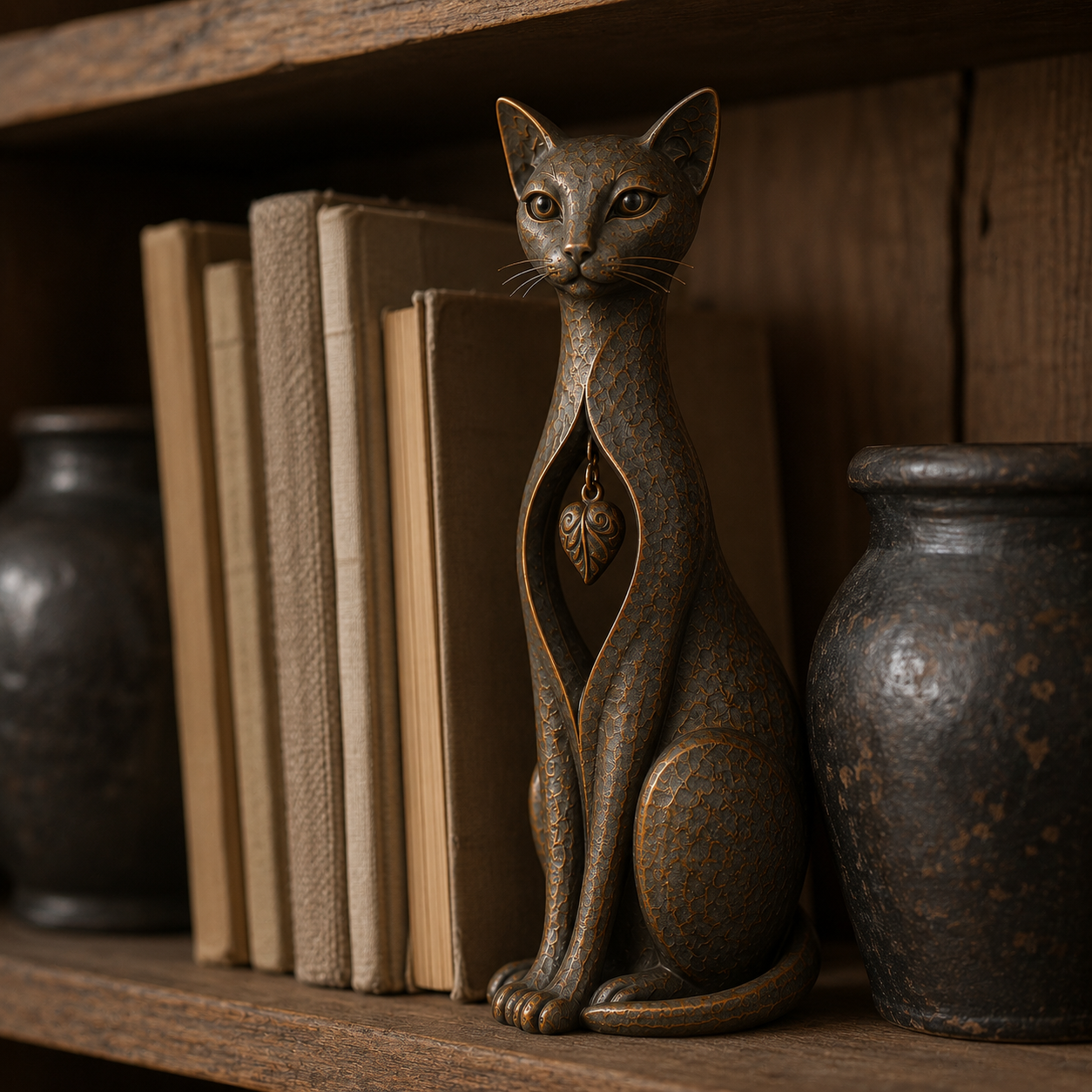 Vintage Bronze Cat Sculpture with Hanging Leaf Charm-HandPrint