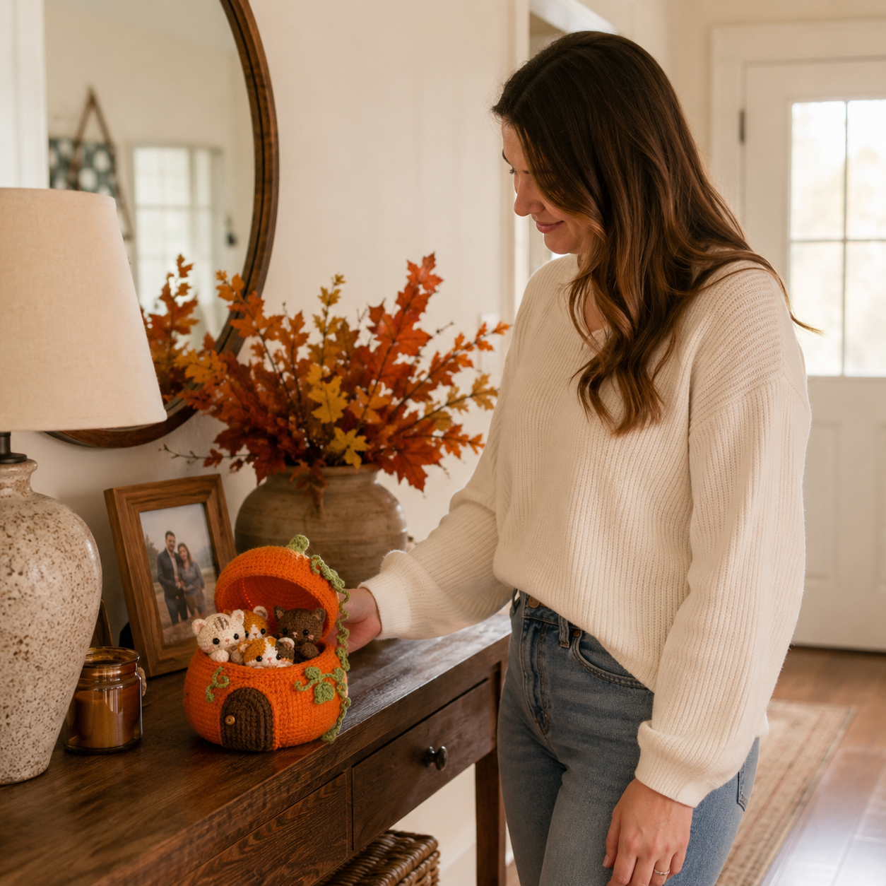 Crochet Pumpkin Cat House with 4 Kittens – Cute Fall & Halloween Home Decor, Cozy Cat Lover Gift 🐱🍂-HandPrint