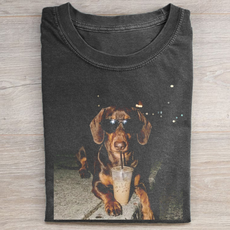Dachshund Drinking Iced Coffee T-shirt-NaturexCraft