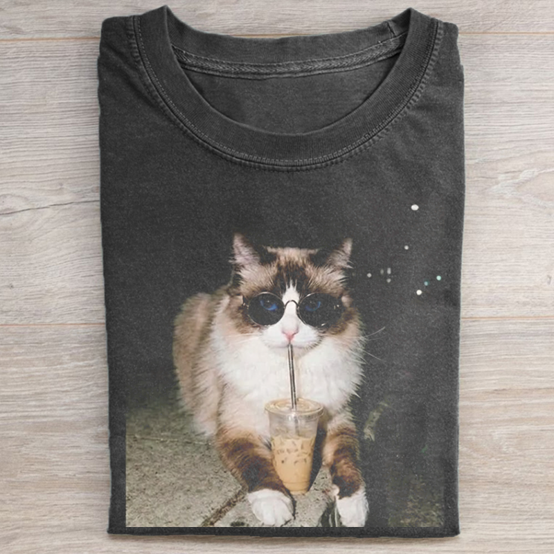 Ragdoll Cat Drinking Iced Coffee Graphic Unisex T-shirt-NaturexCraft