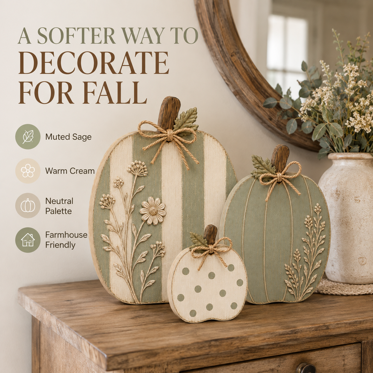 Sage & Cream Raised Wildflower Solid Wood Pumpkin Trio-HandPrint