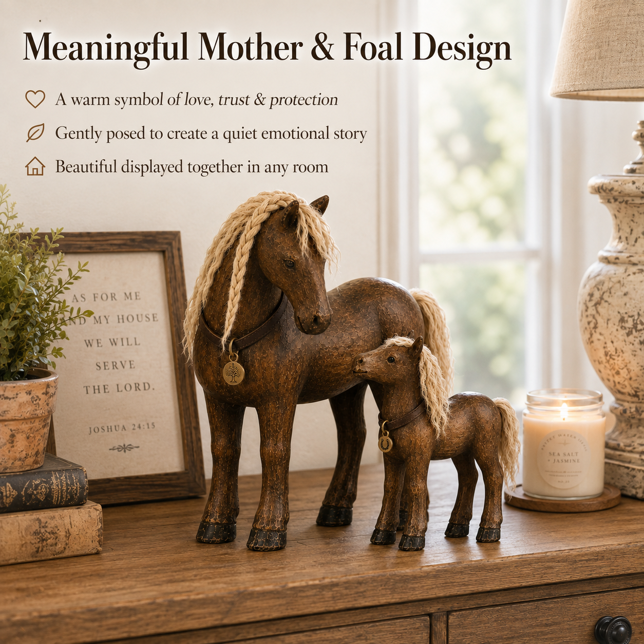 Vintage Mother & Foal Solid Wood Horse Figurine-HandPrint