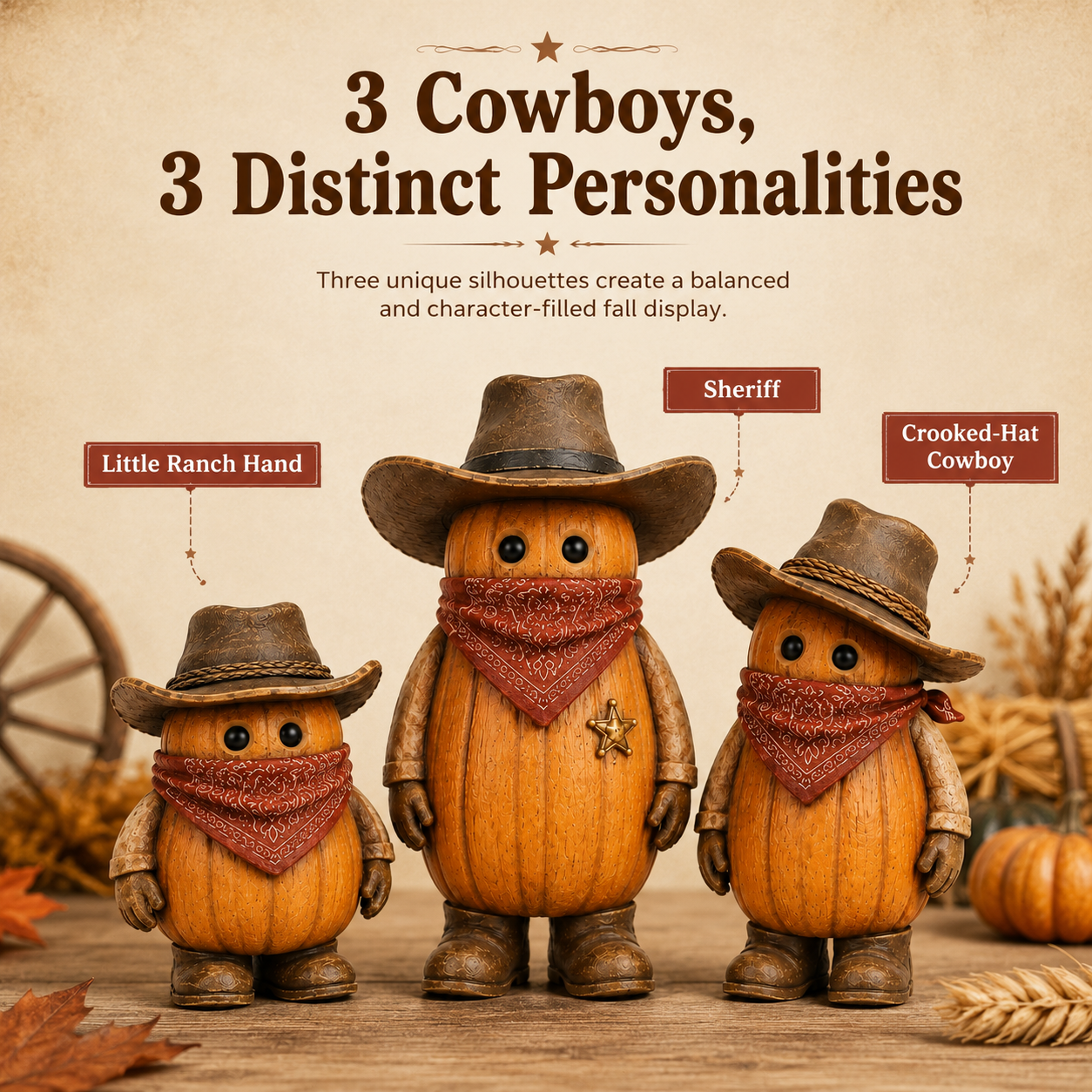 The Pumpkin Posse – Vintage Western Pumpkin Cowboy Figurines, Set of 3-HandPrint