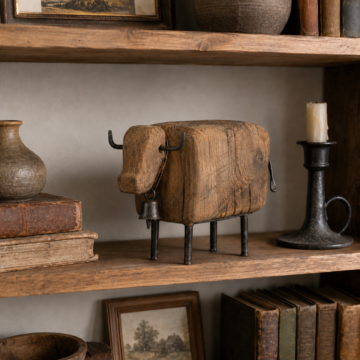 Vintage Wooden Cow Figurine with Metal Bell-HandPrint