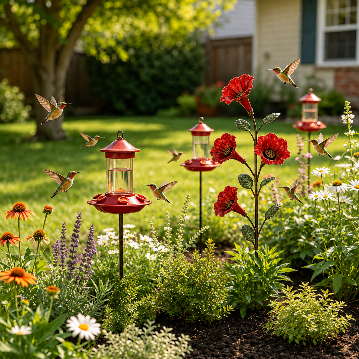 Vintage Red Flower Hummingbird Feeder Garden Stake-HandPrint