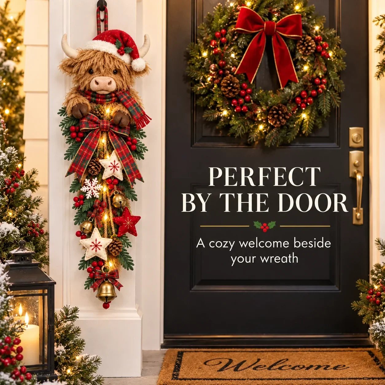 🎄🐮 Lighted Highland Cow Christmas Door Swag – A Cozy Holiday Welcome-HandPrint