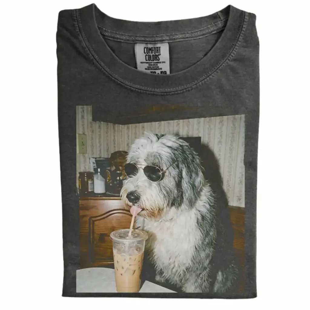 English Sheepdog Drinking Iced Coffee T-shirt-NaturexCraft