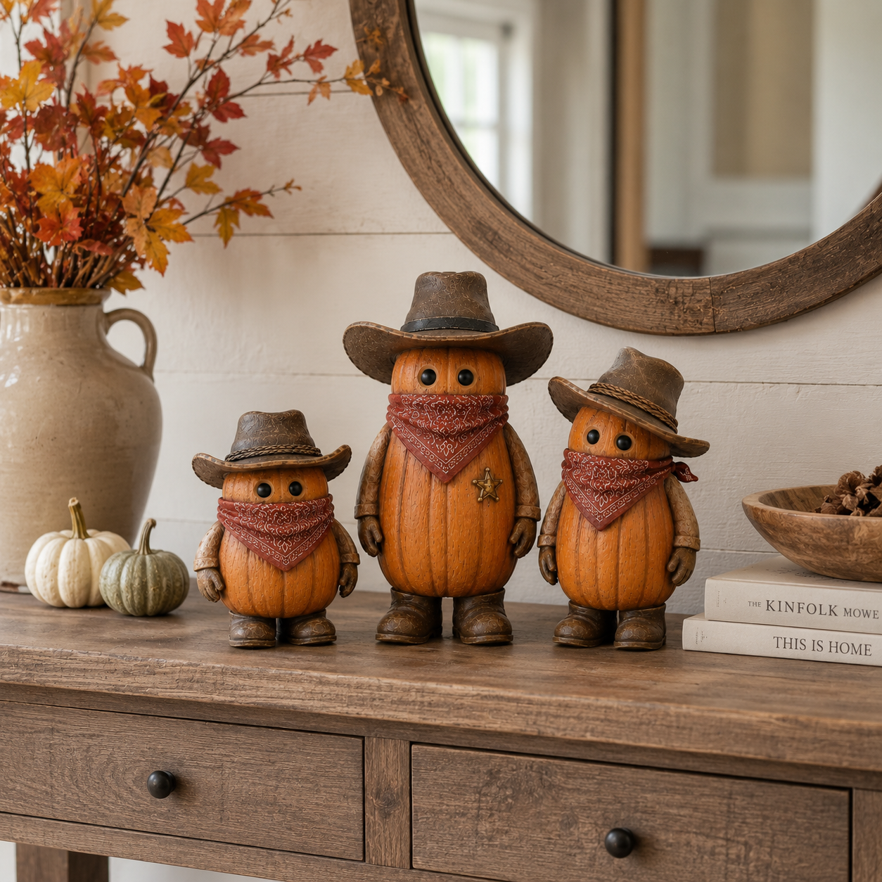 The Pumpkin Posse – Vintage Western Pumpkin Cowboy Figurines, Set of 3-HandPrint