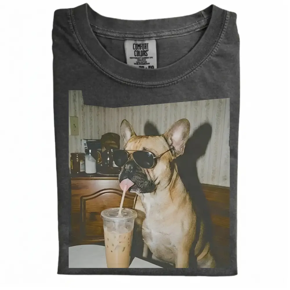 French Bulldog Drinking Iced Coffee T-shirt-NaturexCraft