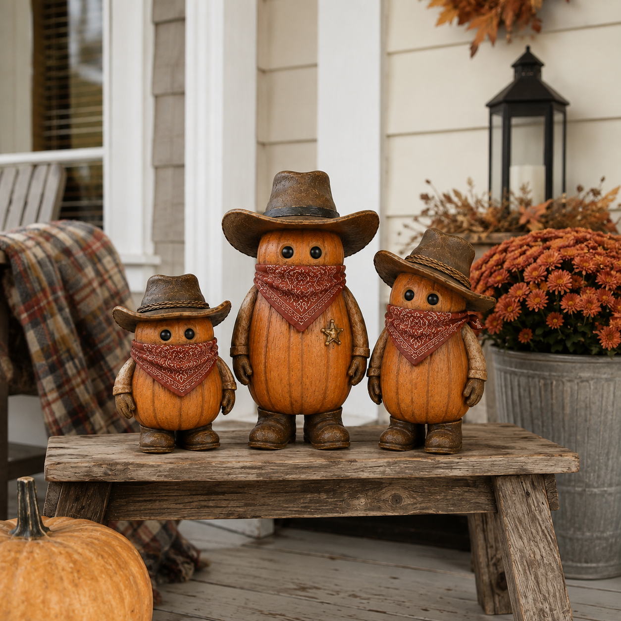 The Pumpkin Posse – Vintage Western Pumpkin Cowboy Figurines, Set of 3-HandPrint