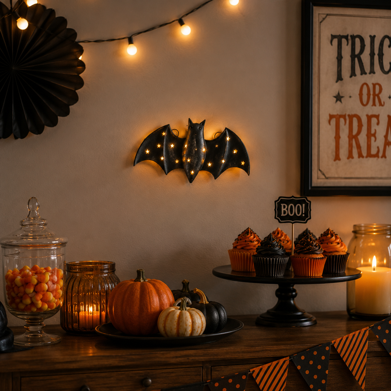 1pcs / Lighted Metal Bat Wall Decor -- 7.9 x 3.9 in Black Iron Bat Wall Hanging with Warm LED Glow-HandPrint