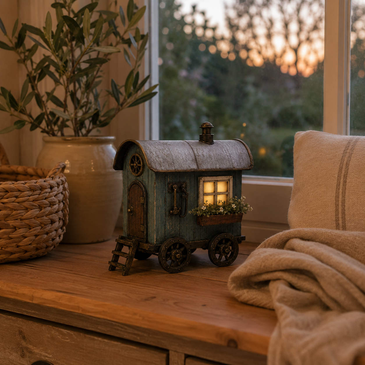 The Wandering Cottage – Lighted Solid Wood Vintage Traveling Cottage Decor-HandPrint