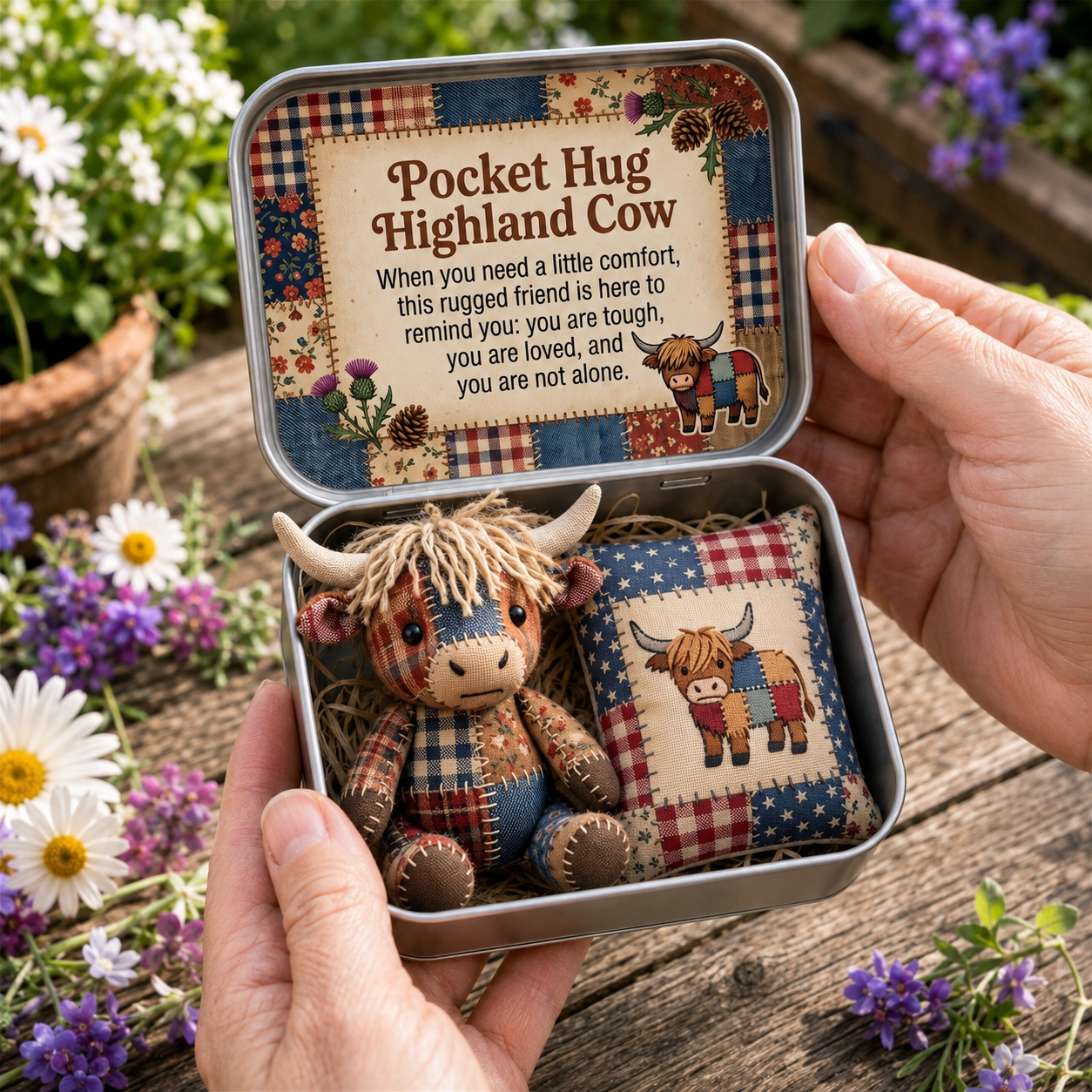 Pocket Hug Patchwork Highland Cow Keepsake Tin-HandPrint
