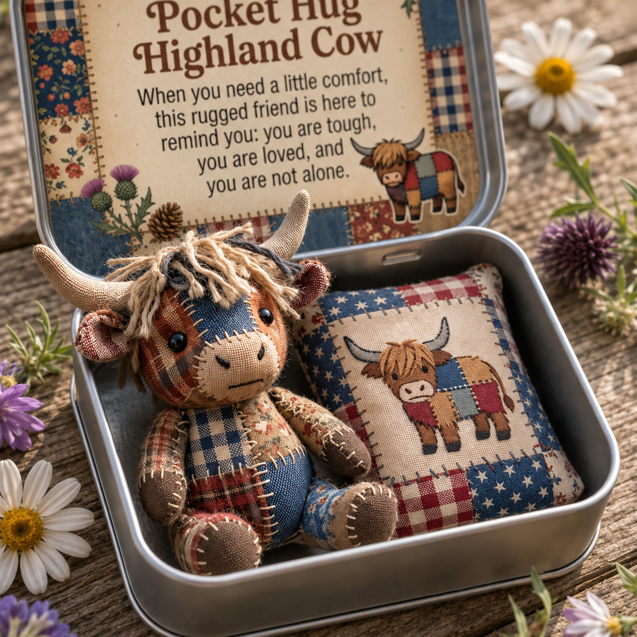 Pocket Hug Patchwork Highland Cow Keepsake Tin-HandPrint