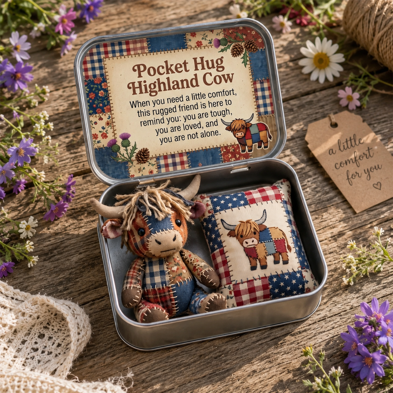Pocket Hug Patchwork Highland Cow Keepsake Tin-HandPrint