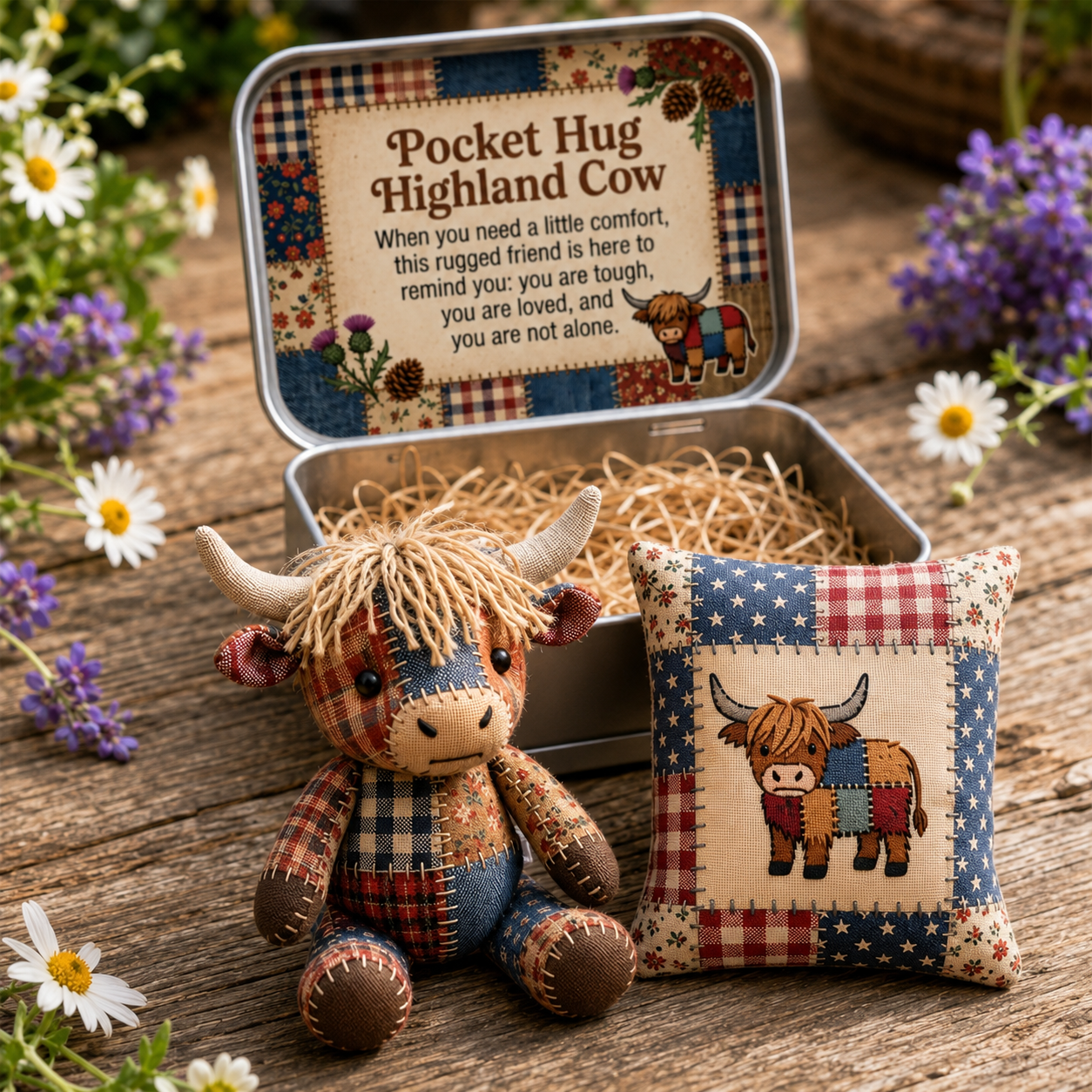 Pocket Hug Patchwork Highland Cow Keepsake Tin-HandPrint
