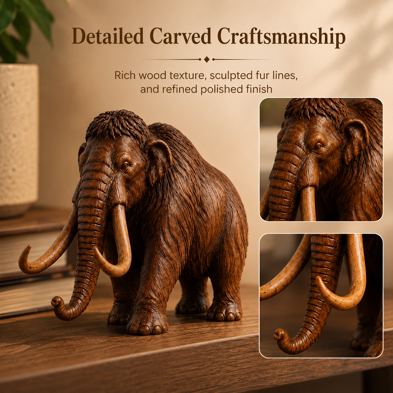 Wooden Woolly Mammoth Figurine – Rustic Carved Animal Decor-HandPrint