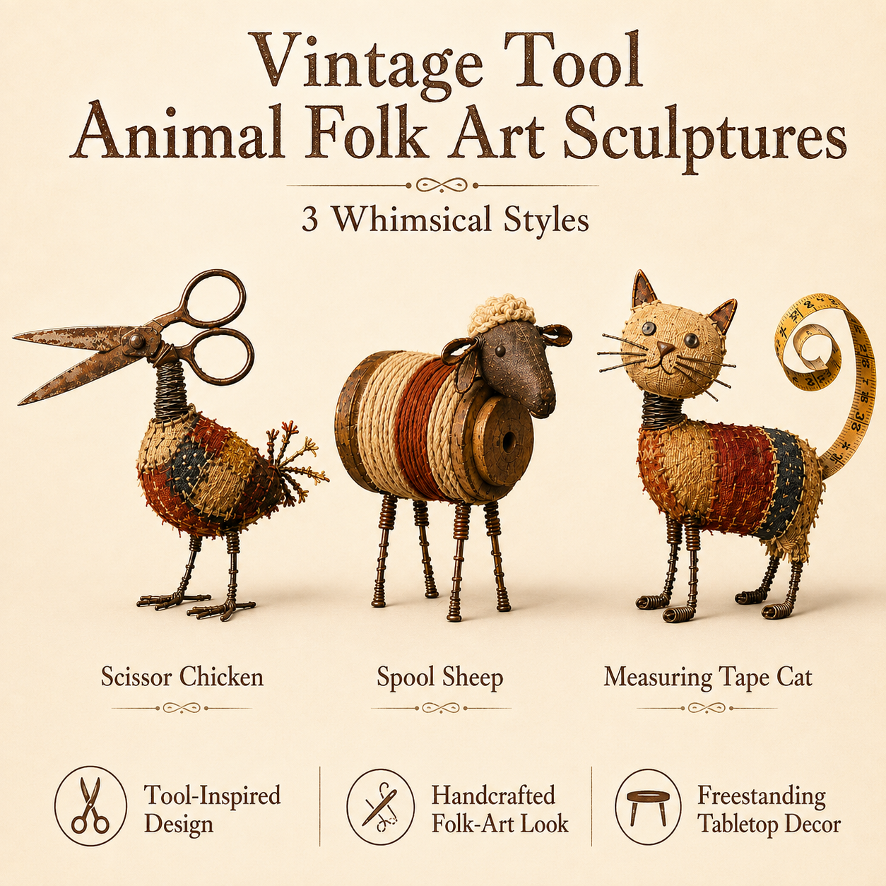 Vintage Tool Animal Folk Art Sculpture Collection-HandPrint