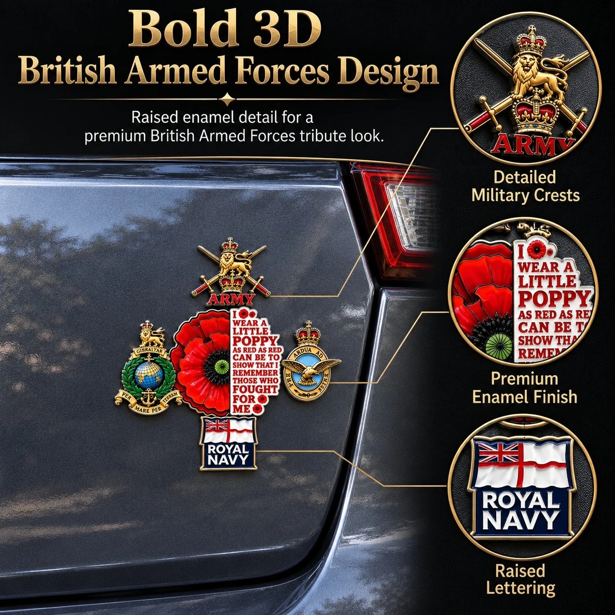 🌺 British Armed Forces “Lest We Forget” Remembrance Poppy Tribute Metal Car Emblem-HandPrint