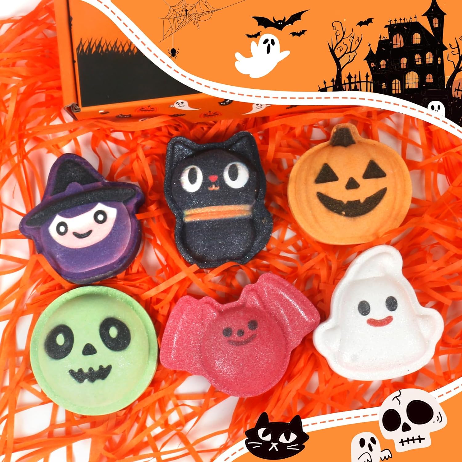 Halloween Bath Bomb Gift Set - 6-Piece Scary Cute Kids Bath Bomb Gift Box, Includes Witch, Bat, Black Cat, Skull, Ghost and Pumpkin Bubble Spa Balls-HandPrint