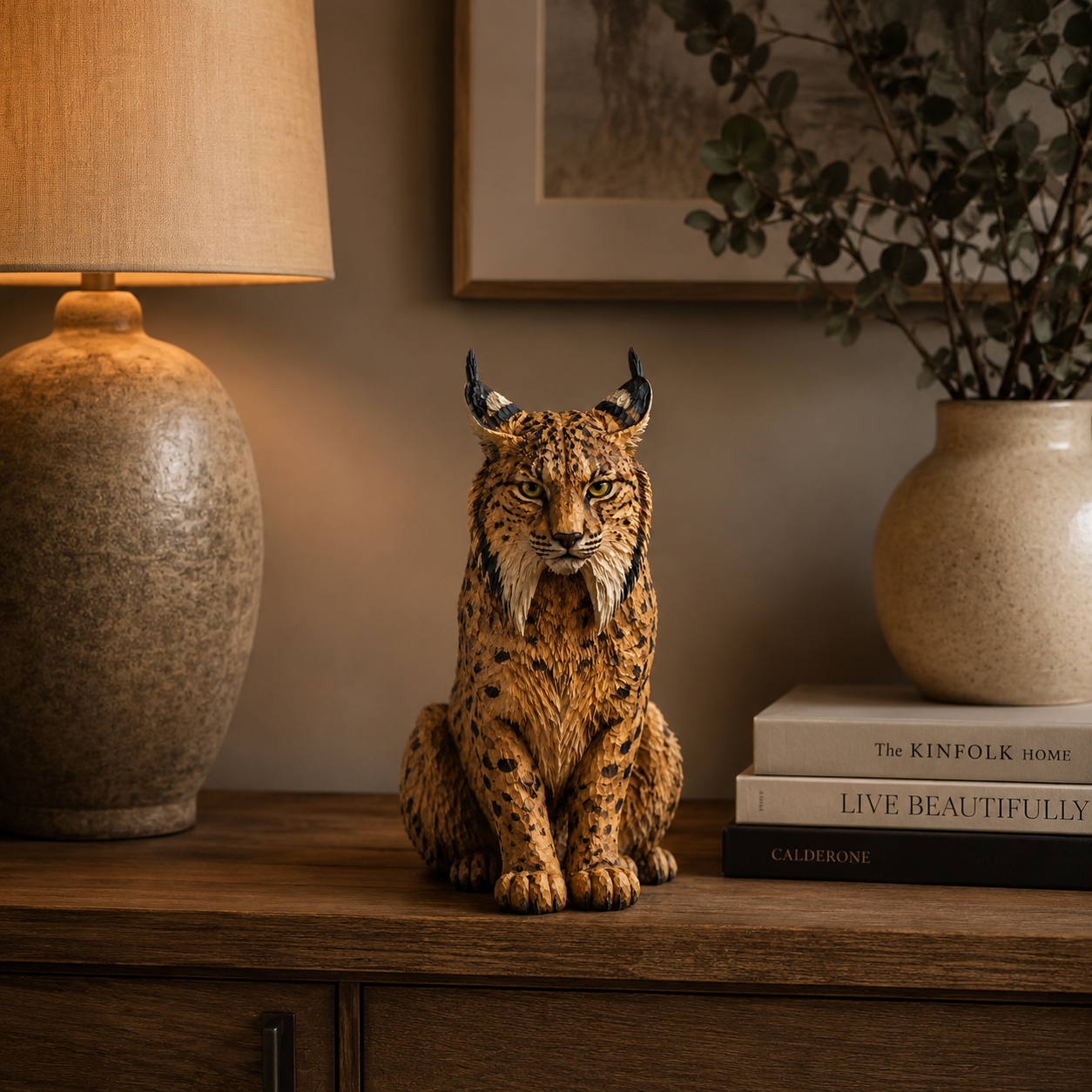 🐾 Hand-Carved Wooden Lynx Sculpture-HandPrint