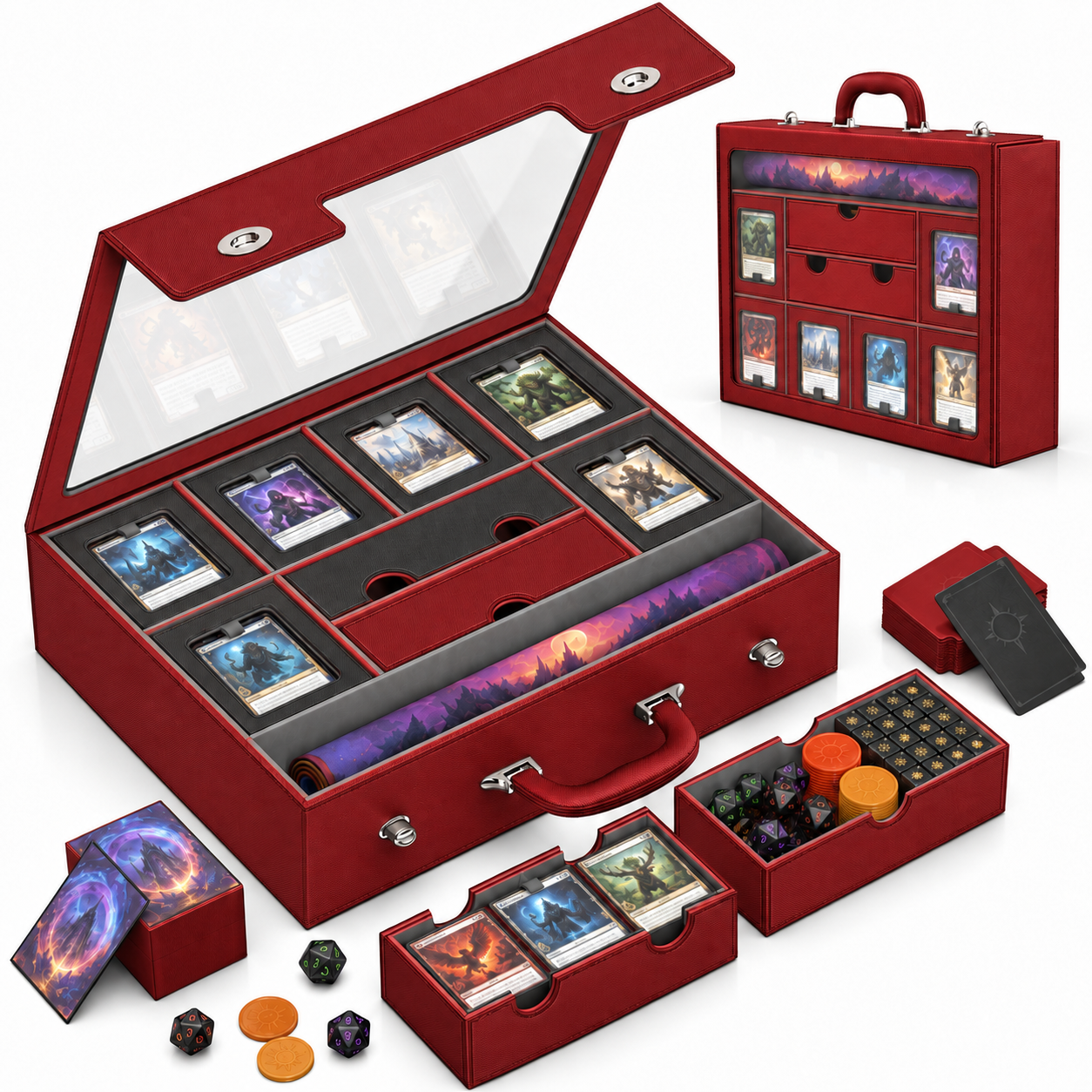 Modular 9-in-1 TCG Deck Box – Holds 6 Decks with Dice Tray, Magnetic Cases, Sleeves & Playmat-HandPrint